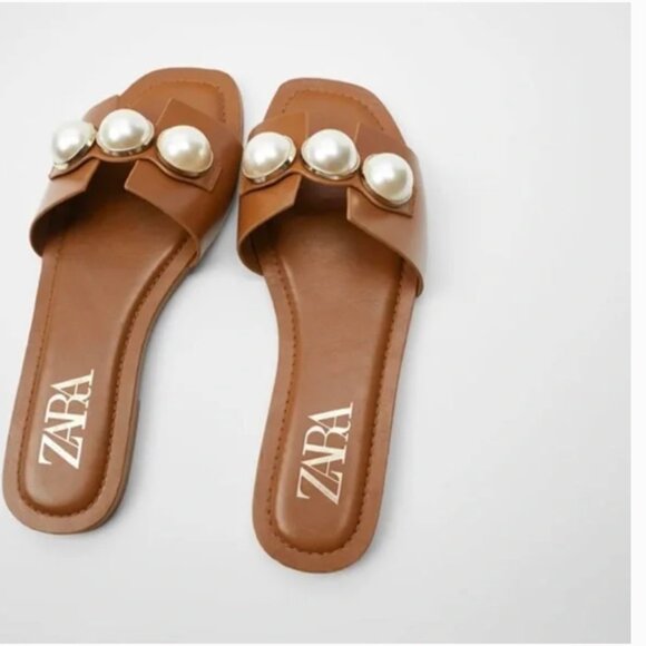 Zara Women's Tan Leather Flat Sandals with Pearl Accent - Picture 2 of 7